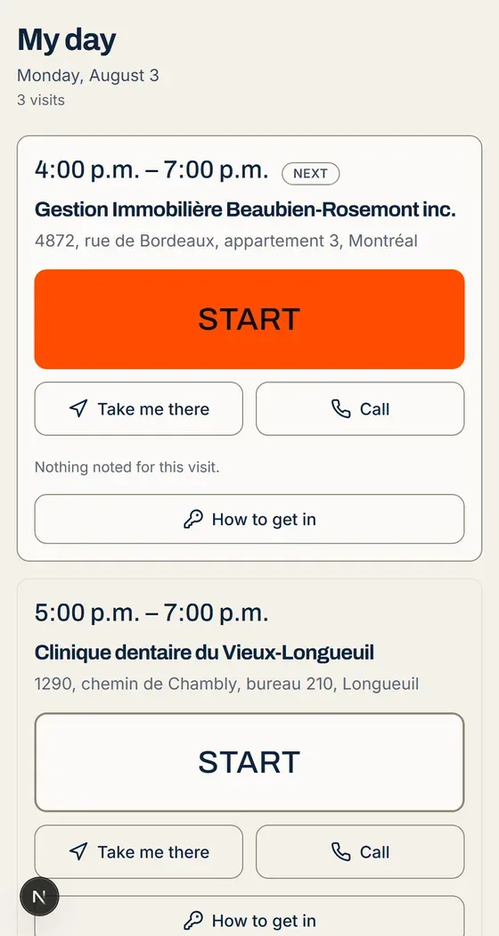 The Motrik field app on a phone: the cleaner’s day, with the punch button.