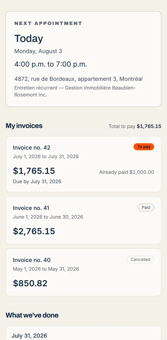 The Motrik client portal on a phone: next appointment, invoices and visit history.
