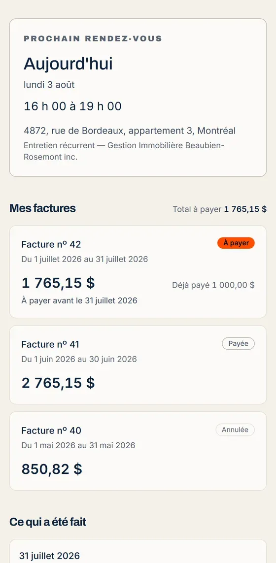 Le portail client de Motrik sur un téléphone : le prochain rendez-vous, les factures et l’historique des visites.
